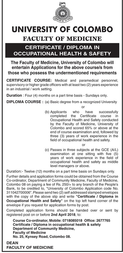 Certificate / Diploma in Occupational Health & Safety - Faculty of Medicine - University of Colombo